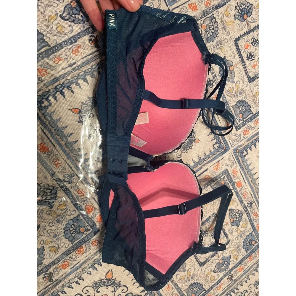 Victoria's Secret PINK Date Push Up Bra 36D Teal Blue Floral Lace Underwire